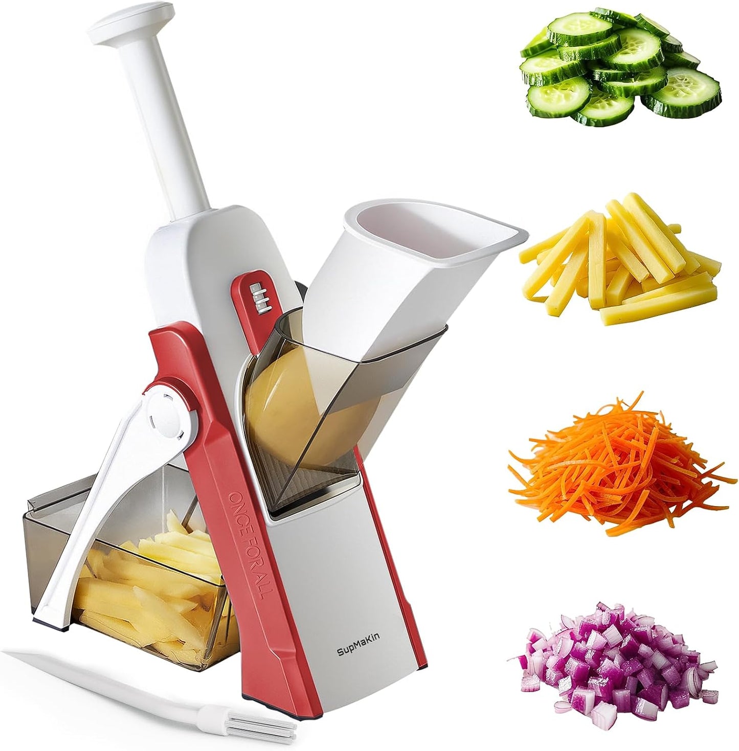 SupMaKin Safe Mandoline Slicer for Kitchen,Adjustable Potato Slicer 1-8 mm | 4 Modes Slice, Strips,Julienne Dicer,Vegetables Slicer Fry Food Cutter,Stainless Steel Blades, Foldable Dishwasher Safe,Gifts