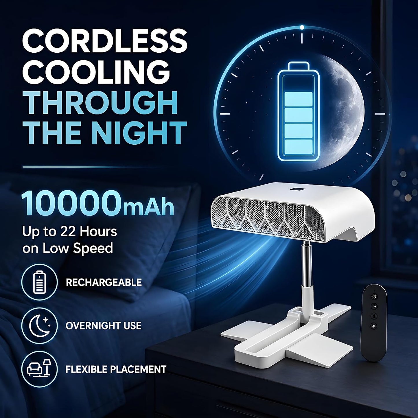 Bed Fan Under Sheets, Rechargeable Cordless Bed Cooling System for Hot Sleepers and Night Sweats, 5-Speed Quiet Mattress Fan with Remote, Adjustable Height 8.6–20.8 Inches