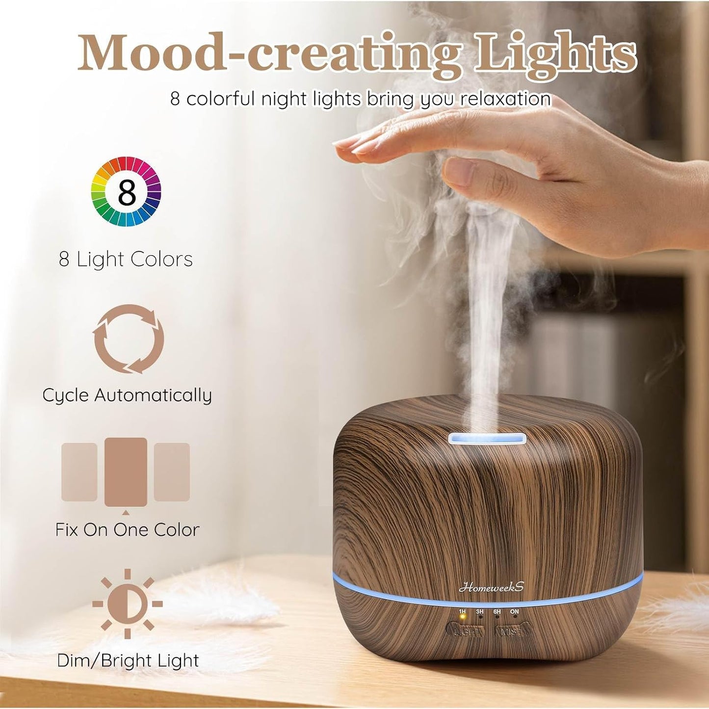 Homeweeks 300ml Essential Oil Diffuser, Quiet Aromatherapy Mist Diffusers for Essential Oils, Wood Grain, Ultrasonic, Remote Control, Timer, 7 Colors Light for Bedroom (300ml)