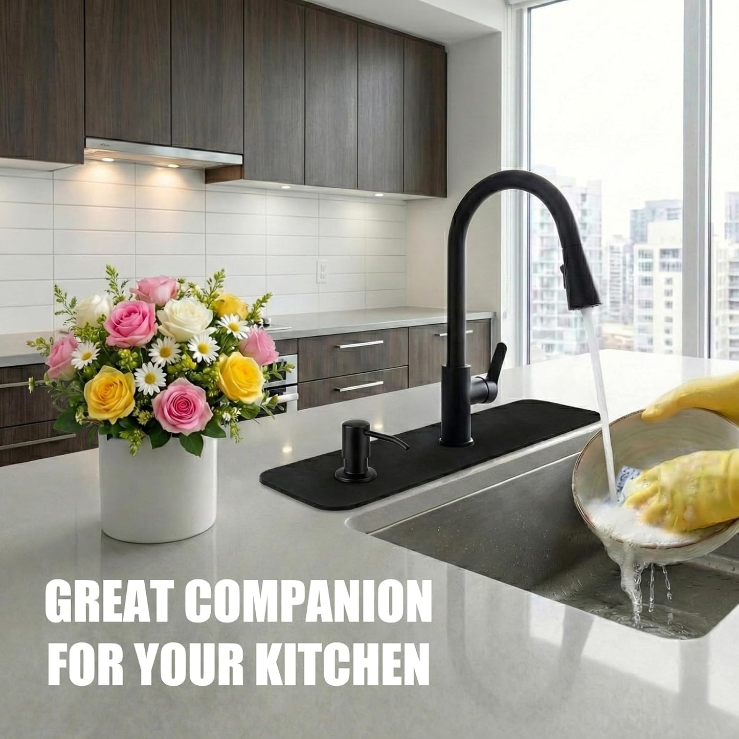 Customizable Kitchen Sink Faucet Mat: 30"Lx5.5"W Absorbent Splash Guard | Non-slip Fabric Rubber Mat, Cut to Fit Oval Rectangle Square Faucet & 2,3,4 Holes Irregular Sink with Soap Dispenser Air Gap