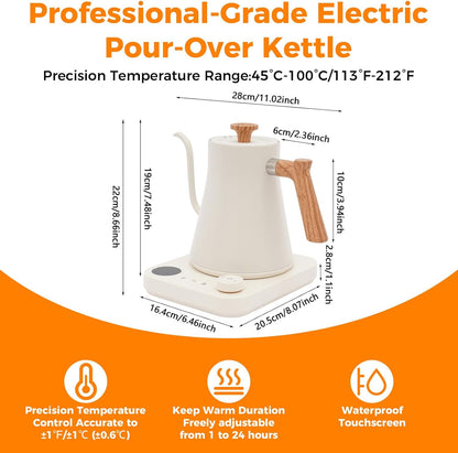 Gooseneck Electric Tea Kettle with Pour Over Pot with LED & Precise 1°F Temp Control,Keep Warm, Hot Water Kettle for Home/Office 304 Stainless Steel (White)