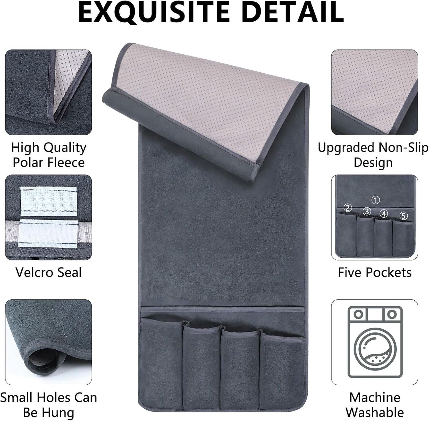 Couch Armrest Remote Control Holder, Polar Fleece Couch Caddy Gifts for Seniors, Non-slip Bed Caddy Tv Remote Holder with 5 Pockets for Key Glasses Phone Magazine Holders