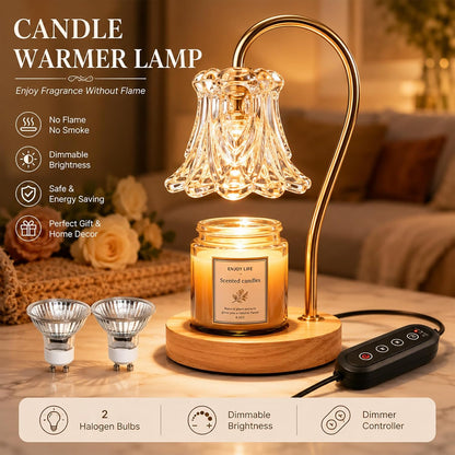 COCOBELA Candle Warmer Lamp with Timer with 2 Bulbs Light Dimmable Electric Candle Melt Lamp Flower Shape for Small Large Jars, Home Decor Housewarming Birthday Xmas Gifts