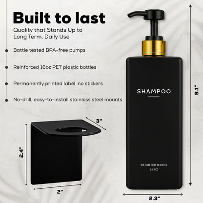 Clear Shampoo and Conditioner Dispenser Set Wall Mounted by Brighter Barns - Refillable Shower Soap Dispensers 3 Chamber No Drill - Plastic Shampoo, Body Wash and Conditioner Bottle for Hotels (Clear)