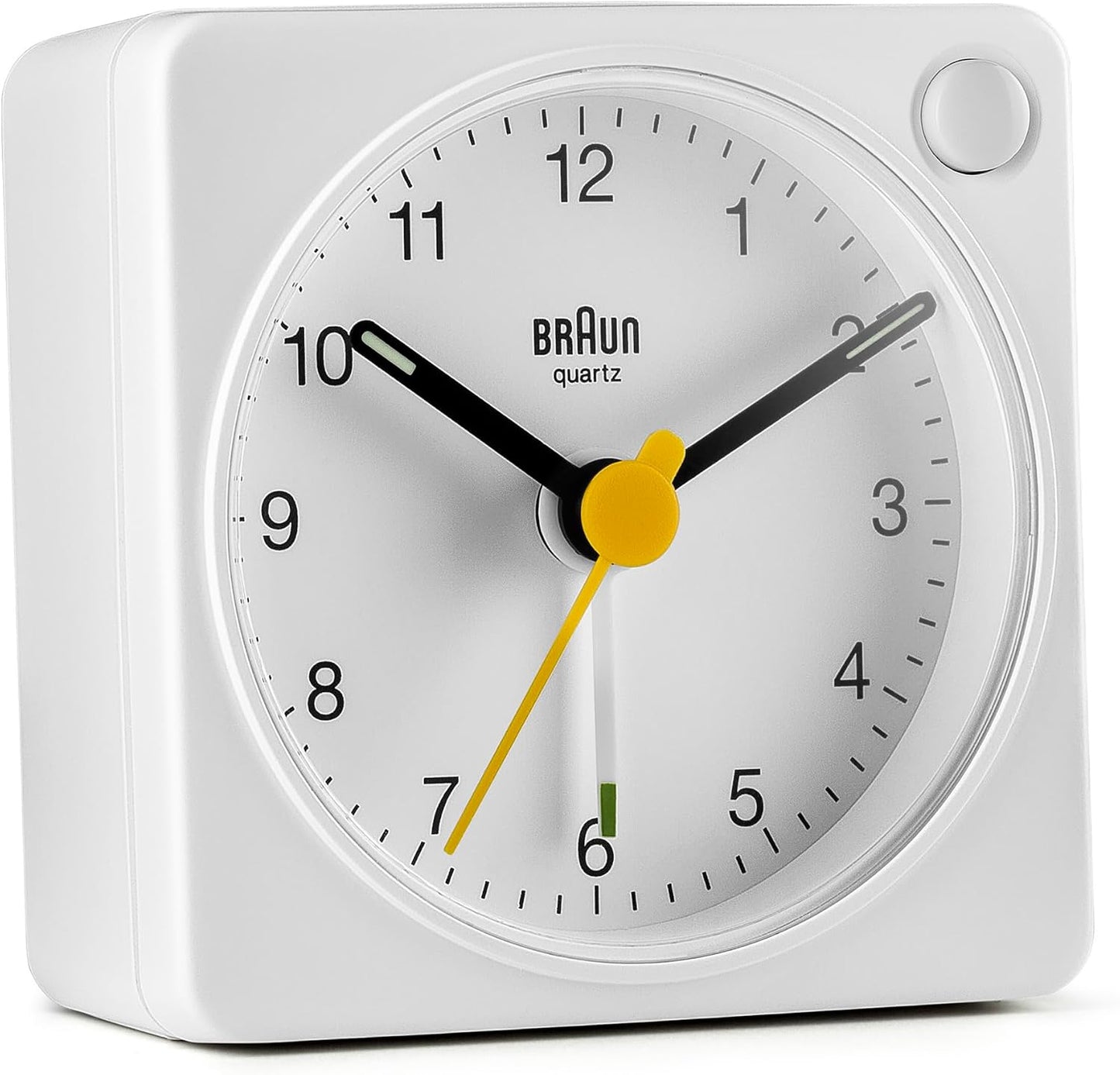 Braun Classic Travel Analogue Alarm Clock with Snooze and Light, Compact Size, Quiet Quartz Movement, Crescendo Beep Alarm in White, Model BC02XW.