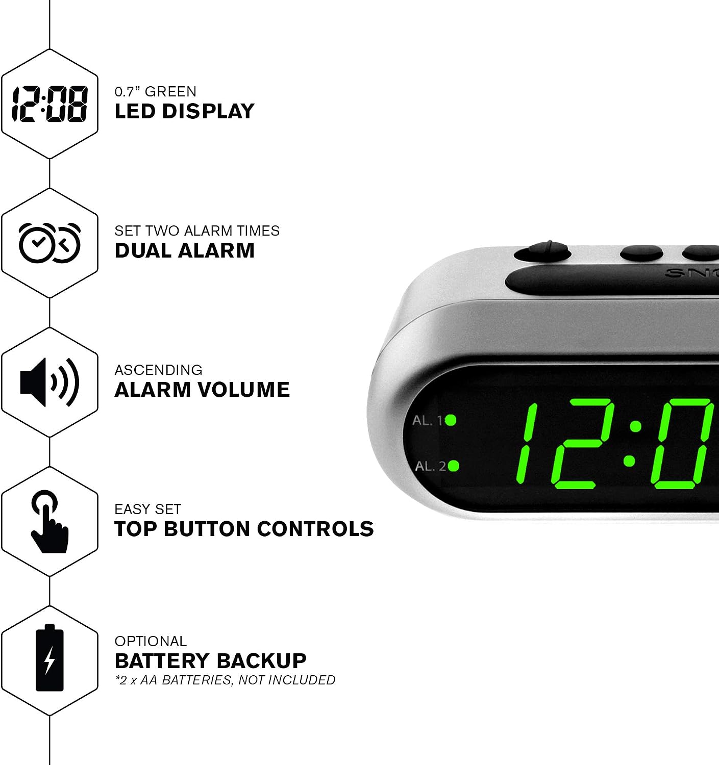 Sharp Digital Alarm Clock for Heavy Sleepers, Dual Alarm, Red LED, Black | Ascending wake sound, weekday/weekend scheduling, 9-minute snooze, easy-set controls, 2 AA backup, bedroom, dorm, office