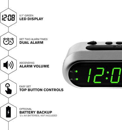 Sharp Digital Alarm Clock for Heavy Sleepers, Dual Alarm, Red LED, Black | Ascending wake sound, weekday/weekend scheduling, 9-minute snooze, easy-set controls, 2 AA backup, bedroom, dorm, office