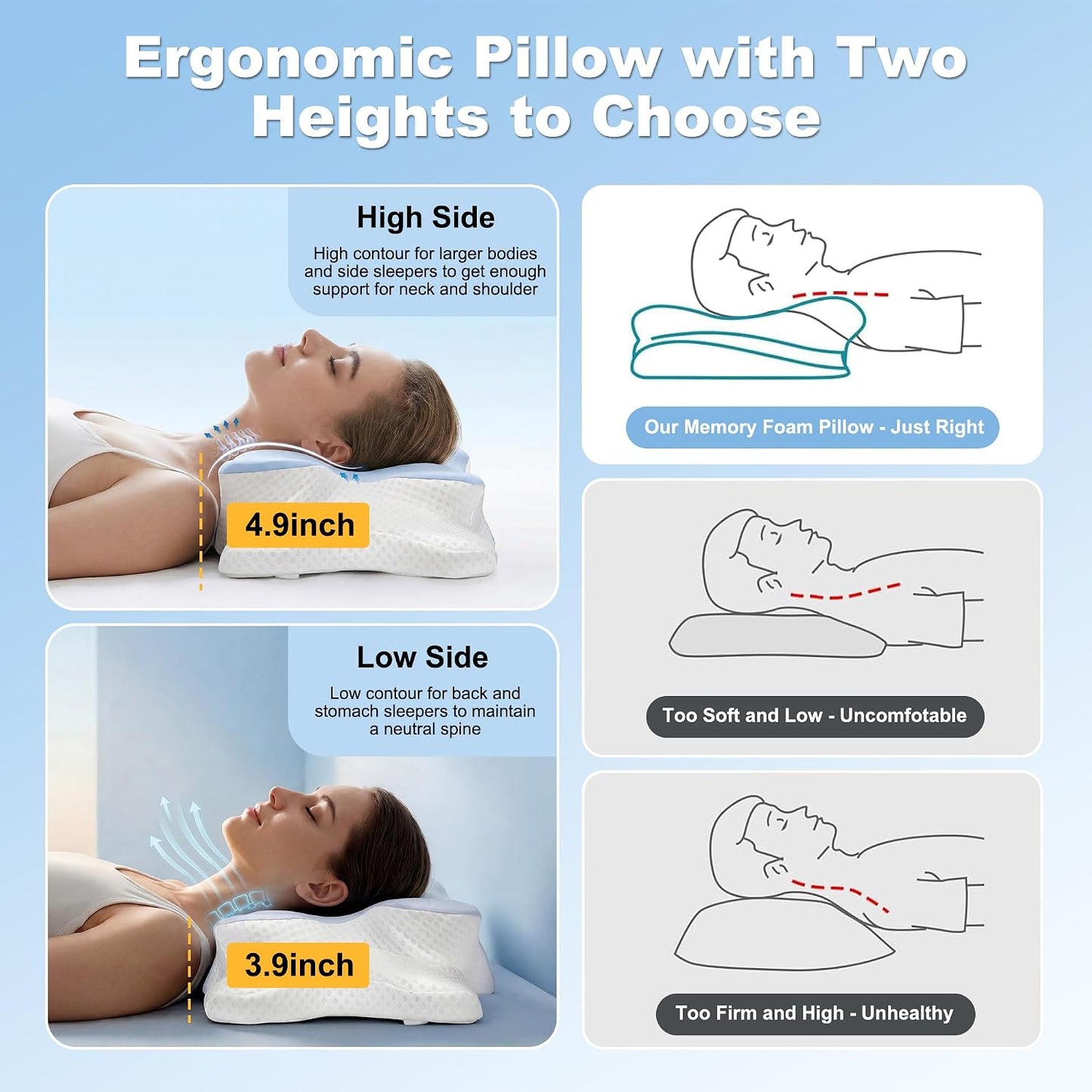 VYLEE Cervical Neck Pillow for Pain Relief, Ergonomic Memory Foam Pillow for Neck Support, Cooling Contour Orthopedic Pillow for Side, Back & Stomach Sleepers | Ergonomic contour pillow supports proper neck alignment for side, back & stomach sleepers