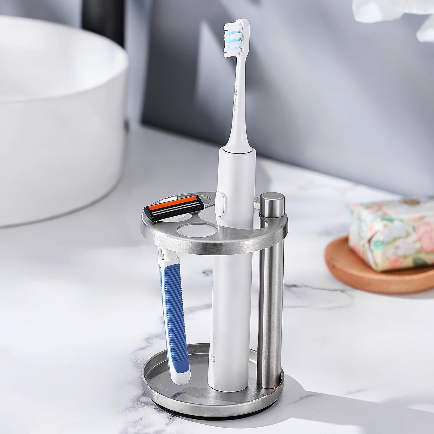 Toothbrush & Toothpaste Holder for Bathroom Countertop, Metal Electric Toothbrush Stand with Razor Slot, Ideal Design Caddy for Kids & Family, Black
