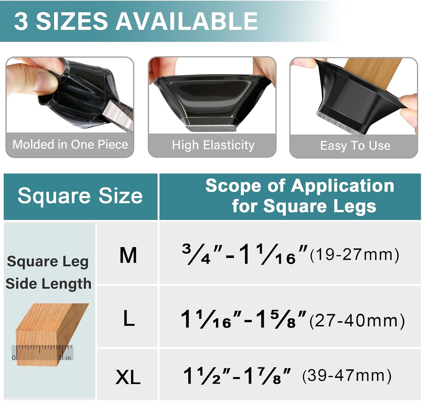 Ansible 24 Pcs Chair Leg Floor Protectors Square | Silicone Felt Furniture Leg Pads Caps Covers for Hardwood Floors (Fit:1-1/16" to 1-5/8")