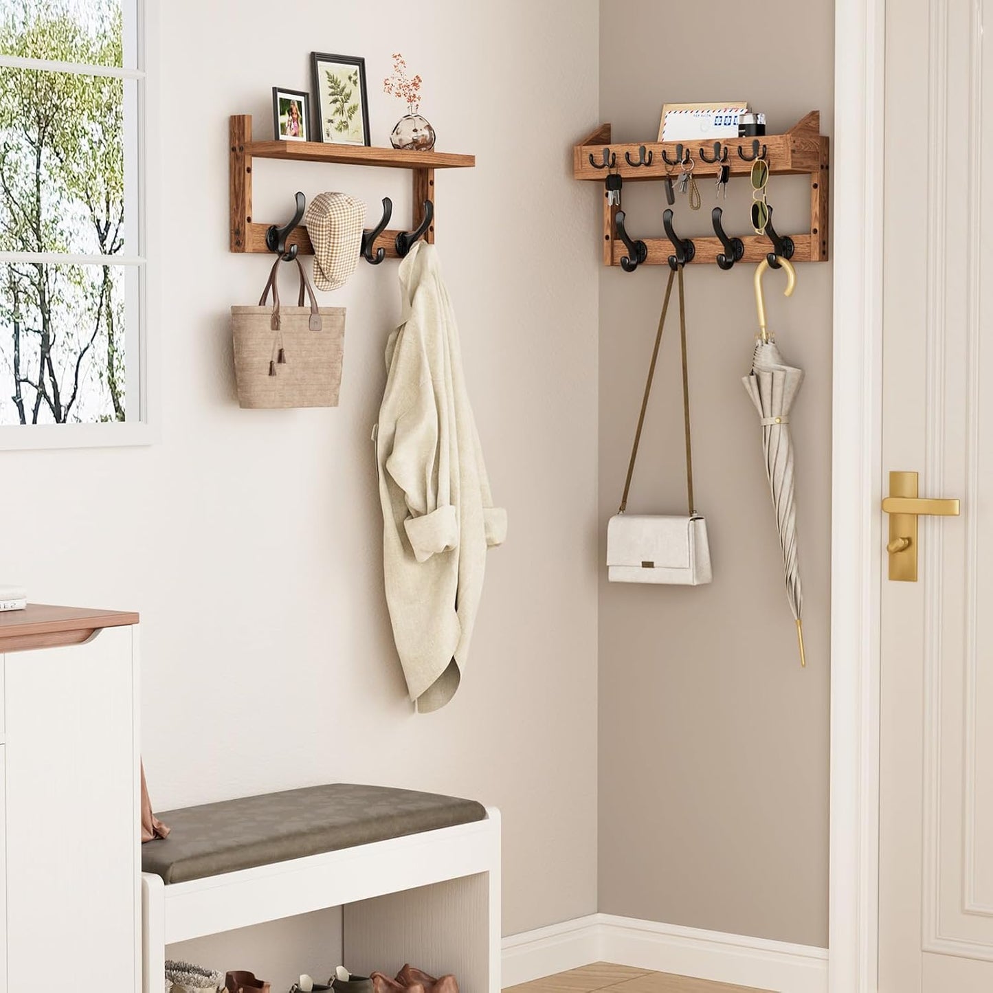 Evermagin 29" Coat Rack Wall Mount with Shelf & 11 Hooks, Entryway, Black | Wooden Wall Mounted Coat and Key Rack with Hooks, Key Hanger with Mail Holder for Living Room, Mudroom, Bedroom