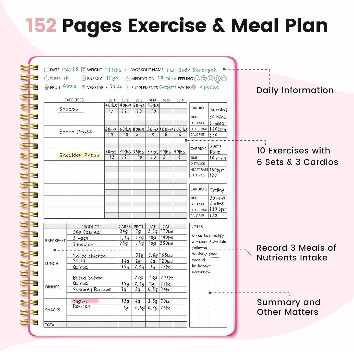 Fitness & Food Journal for Women, Undated 150-day Workout & Wellness Planner with Measuring Tape, Pink Weight Loss Journal for Setting Goals Tracking Exercise Training Diet Progress (9.5’’*7’’)