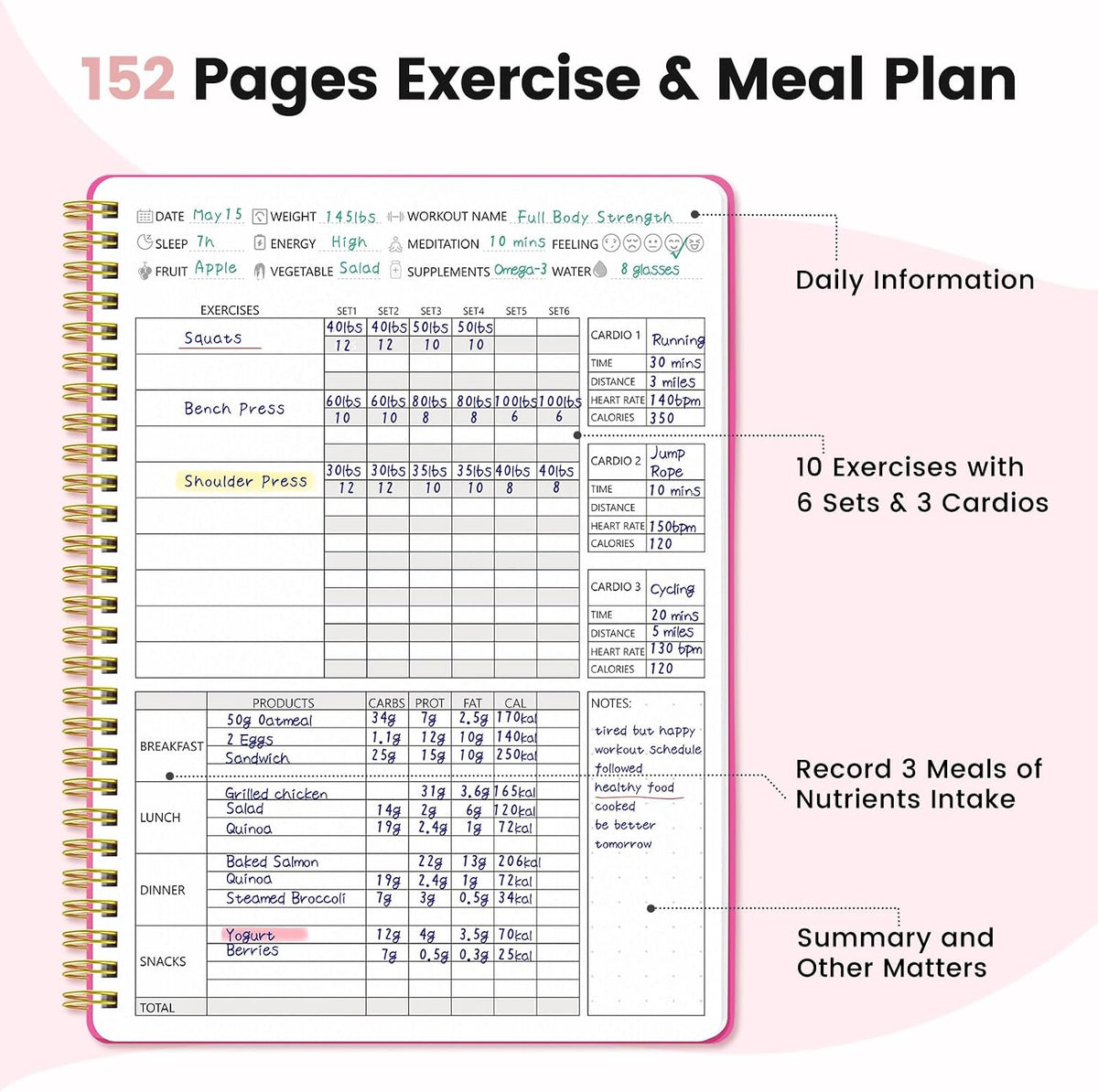 Fitness & Food Journal for Women, Undated 150-day Workout & Wellness Planner with Measuring Tape, Pink Weight Loss Journal for Setting Goals Tracking Exercise Training Diet Progress (9.5’’*7’’)