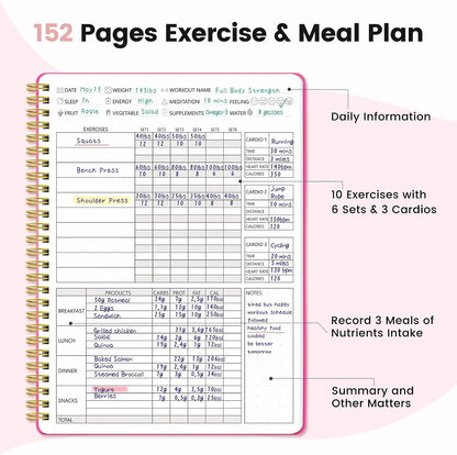 Fitness & Food Journal for Women, Undated 150-day Workout & Wellness Planner with Measuring Tape, Pink Weight Loss Journal for Setting Goals Tracking Exercise Training Diet Progress (9.5’’*7’’)