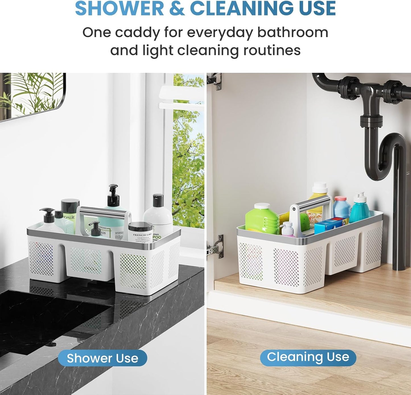 BYUNER Portable Cleaning & Shower Caddy with Handle: Rigid Plastic Basket with 4 Divided Compartments, All-Side Drainage for College Dorm, Bathroom & Utility Use, Black/Gold