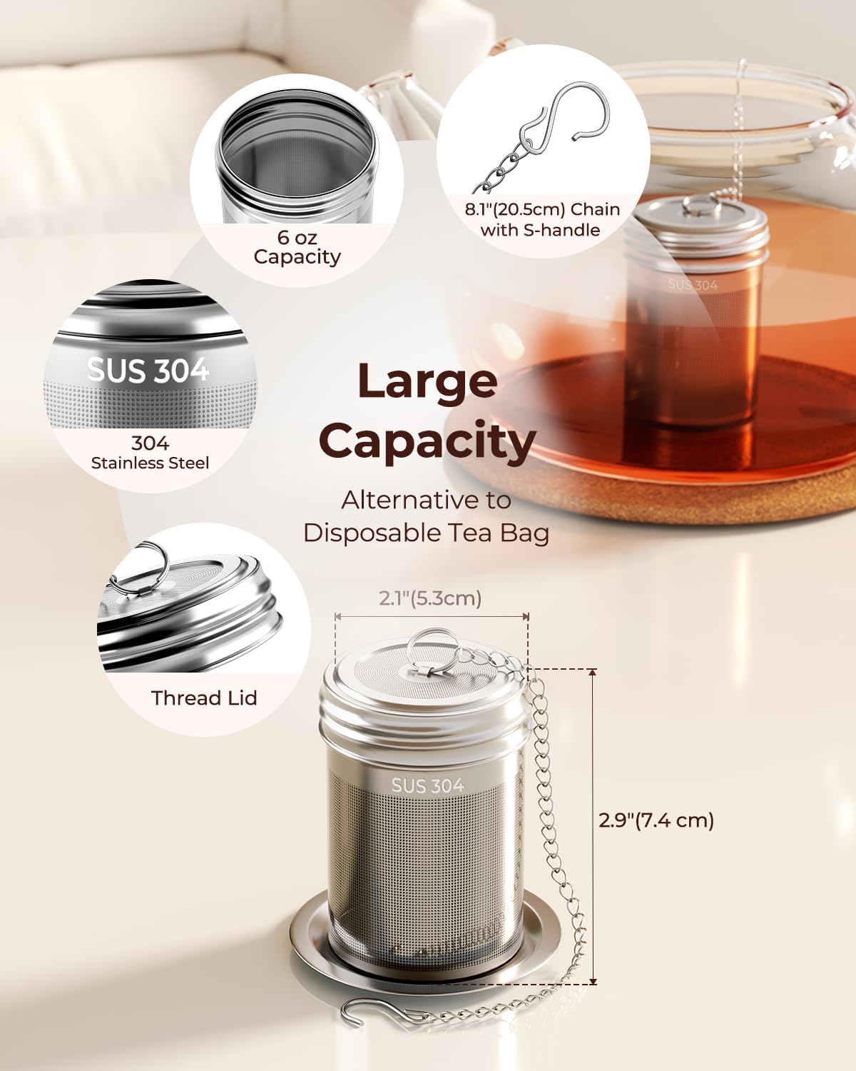 2 Pack Reinmoson 304 Stainless Steel Tea Infuser for Loose Leaf Tea | 1.58” x 2.2” Extra Fine Mesh Tea Strainers Ball, Threaded Lid, Loose Leaf Tea Steeper for Black Tea, Rooibos, etc