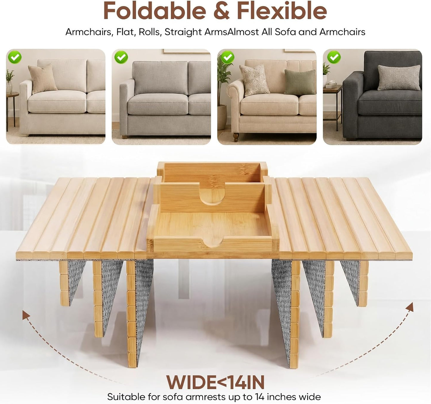 Bamboo Couch Arm Tray Table with Built-in Cup Holder, Foldable Anti-Slip Sofa Armrest Table for Drinks, Phone & Remote, Fits 4.7–16.9 in Armrests, Holds Cups up to 3.5 in Diameter (Bamboo)