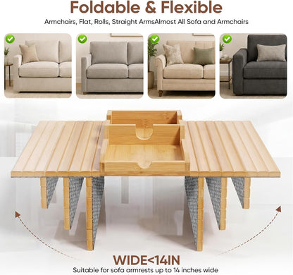 Bamboo Couch Arm Tray Table with Built-in Cup Holder, Foldable Anti-Slip Sofa Armrest Table for Drinks, Phone & Remote, Fits 4.7–16.9 in Armrests, Holds Cups up to 3.5 in Diameter (Bamboo)