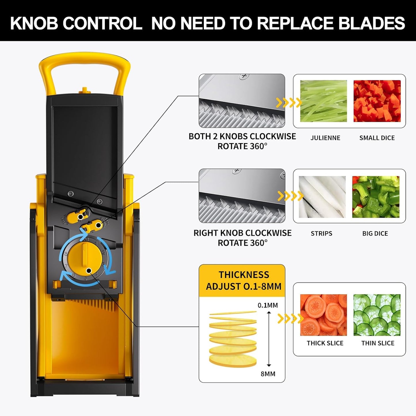 QYKIC Safe Mandoline Slicer for Kitchen, Adjustable Potato Slicer Pro | 0.1-8mm Vegetable Chopper Fry Cutter Julienne Dicer Large Chute Stainless Steel Blades Detachable Dishwasher Safe Gifts