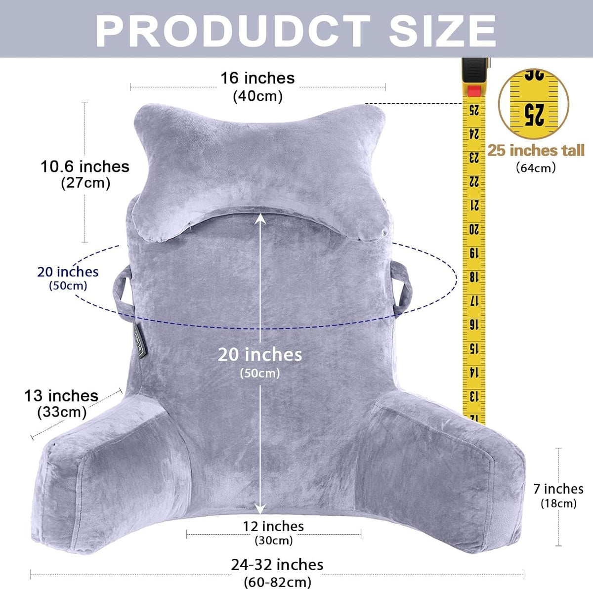 SLIGUY Reading Pillow-Bed Rest Pillow with Detachable Neck Roll & Support Arm for Sitting in Bed Couch or Floor-Backrest Reading Pillow Adult Back Pillow for Reading/Watching TV/Gaming,Dark Grey