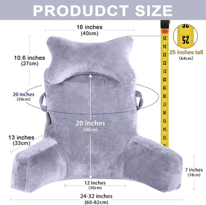 SLIGUY Reading Pillow-Bed Rest Pillow with Detachable Neck Roll & Support Arm for Sitting in Bed Couch or Floor-Backrest Reading Pillow Adult Back Pillow for Reading/Watching TV/Gaming,Dark Grey