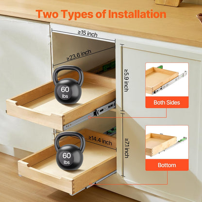 VEVOR Pull Out Cabinet Organizer, 14"W x 21"D Cabinet Drawer, Soft Close Slide out Shelf, Heavy-Duty Sliding Wood Drawer, Bottom Mount Size（14.5"W x 23"D）and Side Mount Size（15"W x 23"D） | Heavy-Duty Sliding Shelf with Bottom or Side Mounting for