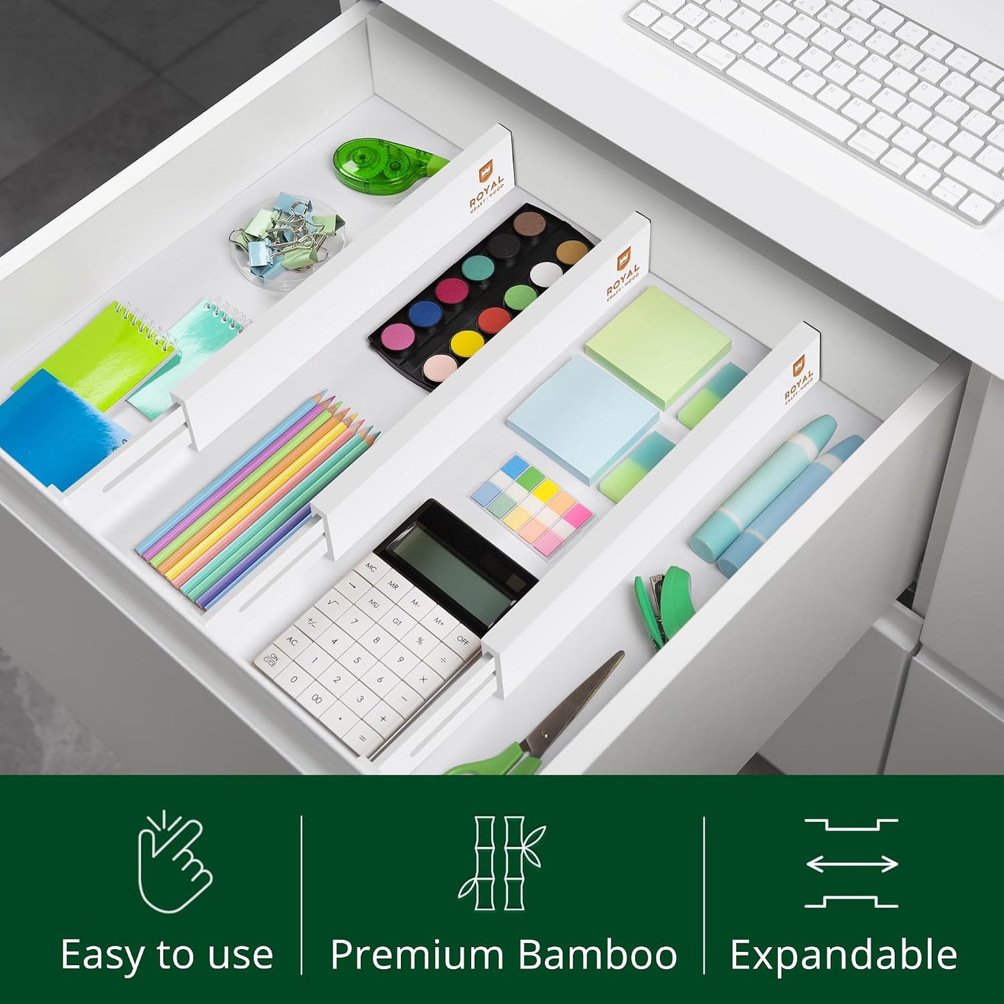 Bamboo Drawer Dividers Organizers, Adjustable Drawer Separator Splitters, 17–22 Inches Expandable Drawer Divider Organizer for Large Utensils, Kitchen, Bedroom, Dresser & Office Drawers 4-Pack