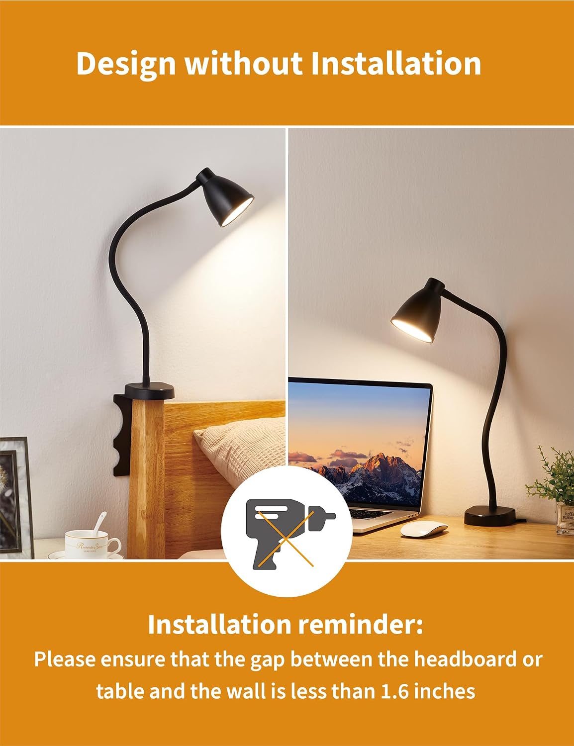 BOHON No Install Bedside Reading Light, Clip-Free Wall Mounted Lamp Black | 5 Colors & 10 Brightness Levels, Flexible Gooseneck, 30 Min Auto-Off Timer, Bed Lights for Headboard, Bedroom, Dorm