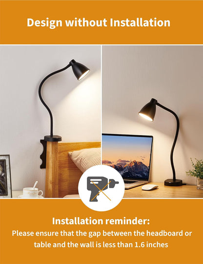 BOHON No Install Bedside Reading Light, Clip-Free Wall Mounted Lamp Black | 5 Colors & 10 Brightness Levels, Flexible Gooseneck, 30 Min Auto-Off Timer, Bed Lights for Headboard, Bedroom, Dorm
