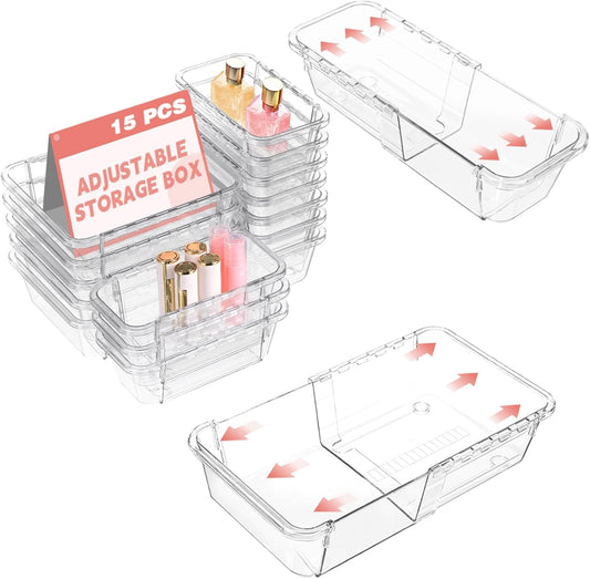 15 Pcs Expandable Drawer Organizer, All Adjustable Storage Box, Clear | 2-Size Vanity Drawer Organizer, Acrylic Storage Bins for Makeup, Cosmetic, Bedroom Dressers Tool Organizer for Gadgets