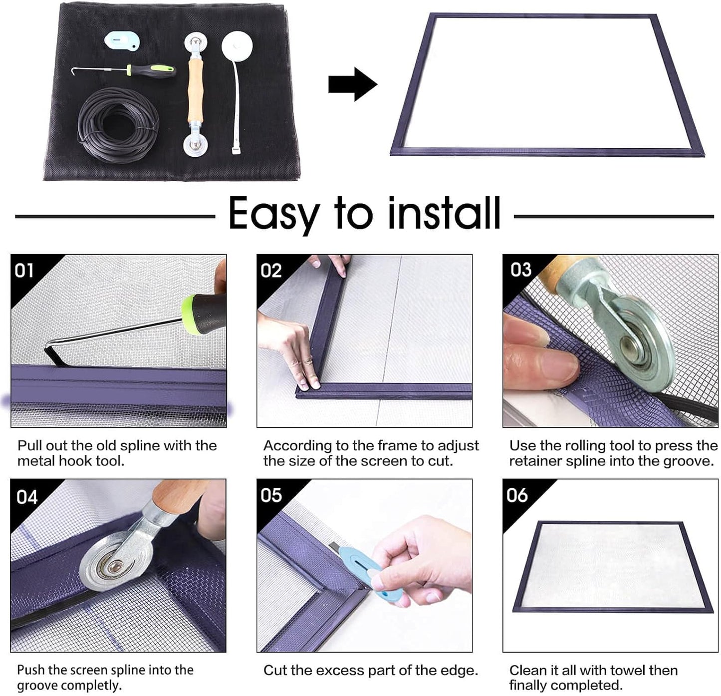 Windows Screen and Screen Door Repair Kit, 48"x118" Charcoal Fiberglass Mesh with Rolling Tool/Hook/Ruler/Cutter/Spline - Window Screen & Sliding Screen Door Replacement for Windows, TOOLTRIZ