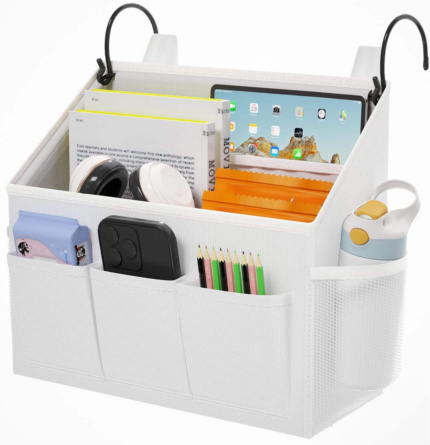 Loghot Bedside Caddy Organizer Bed Storage Bag for Dorm Hospital Crib White | 7 pockets bedside hanging organizer for phone books remotes, fits dorm hospital crib bunk beds, keeps organized easy access