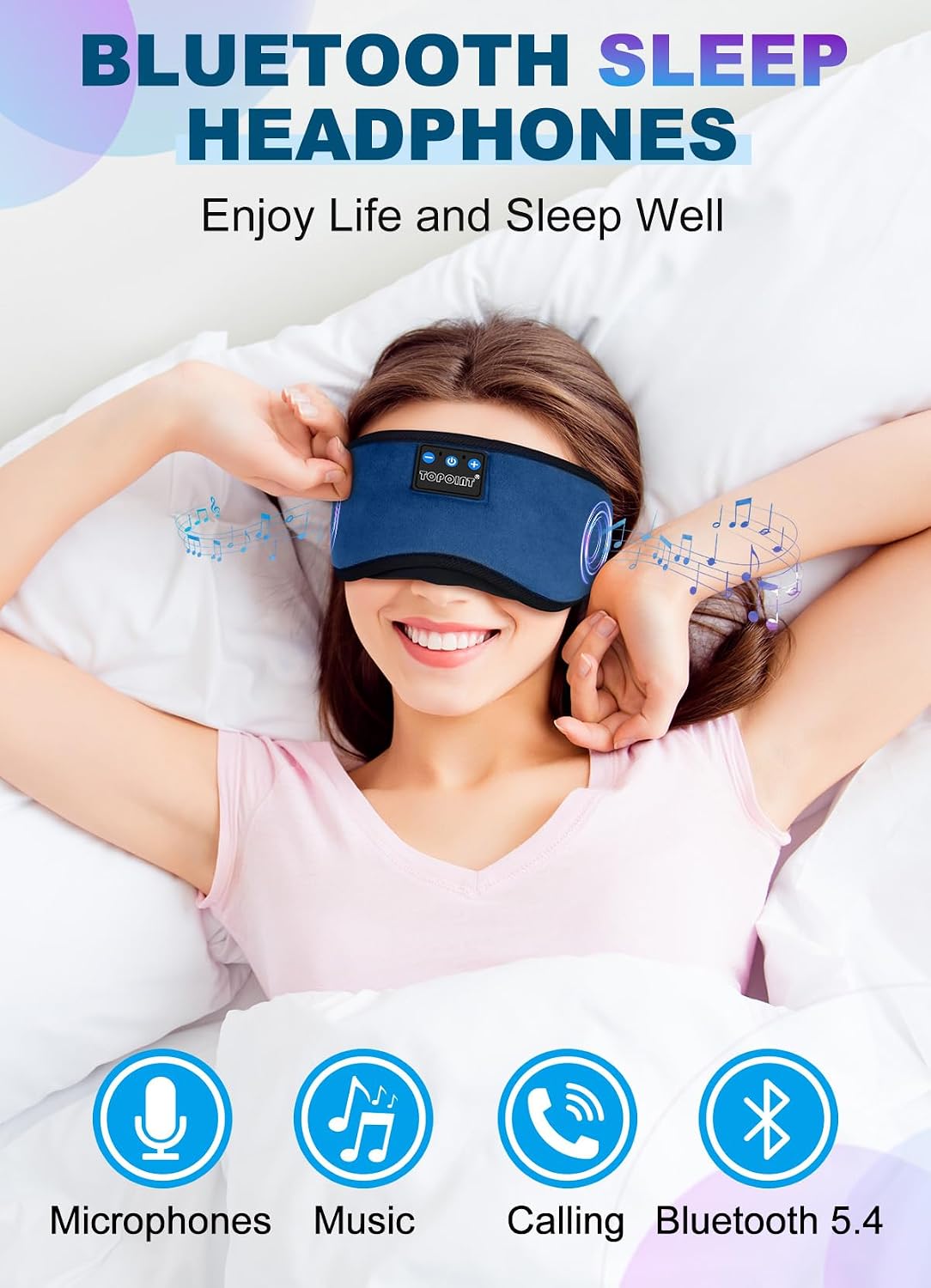 TOPOINT Sleep Mask Headphones Bluetooth Wireless 5.4, Breathable Cotton Eye Mask for Sleeping Side Sleepers Travel Music Headsets with Microphone Handsfree Men Women