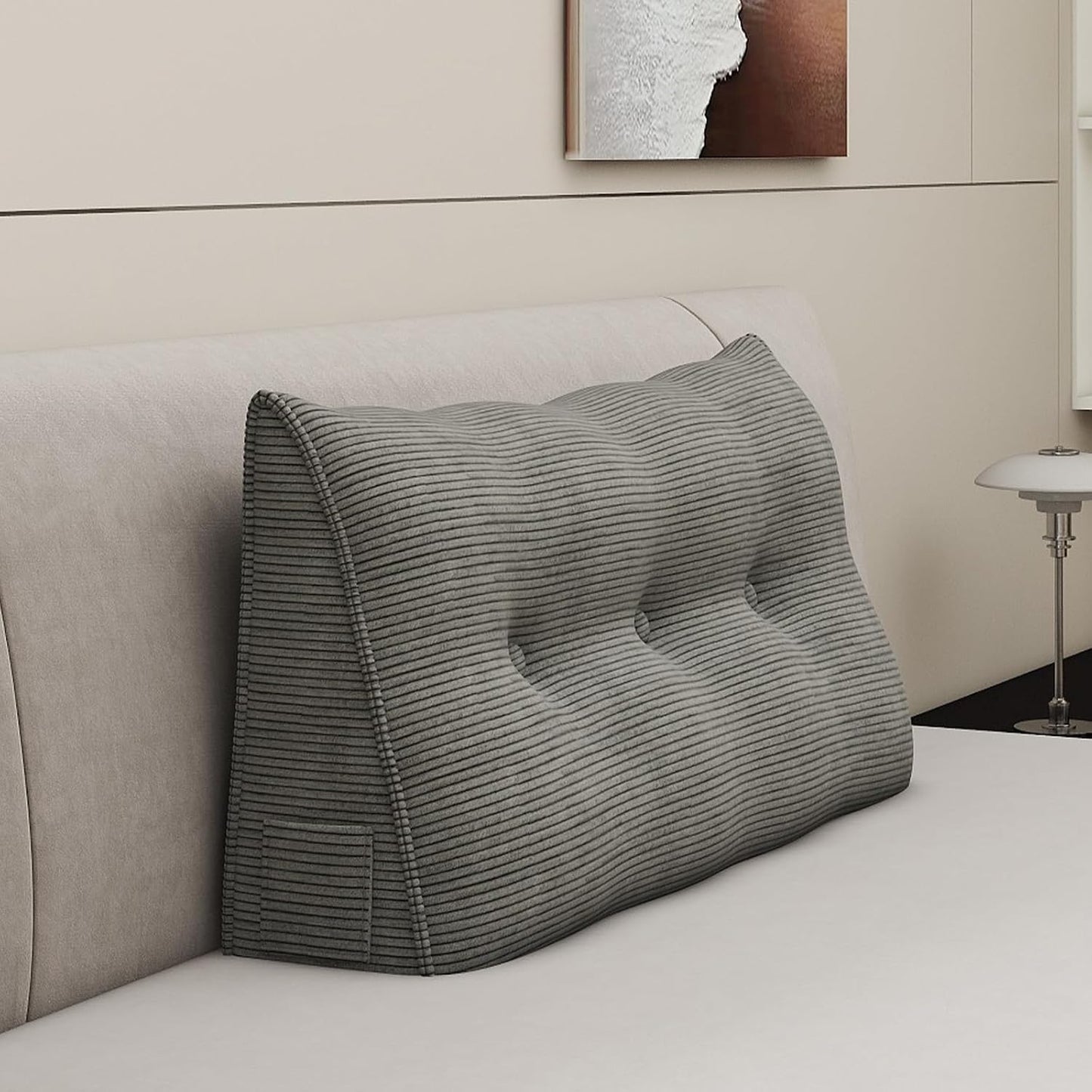 Headboard Wedge Pillows for Sitting Up in Bed Rest Adult，Triangular Upholstered Stuffed Reading Pillow for Sofa Couch Back Cushions Lumbar Body Support Dorm Bedroom（King，Corduroy Gray）