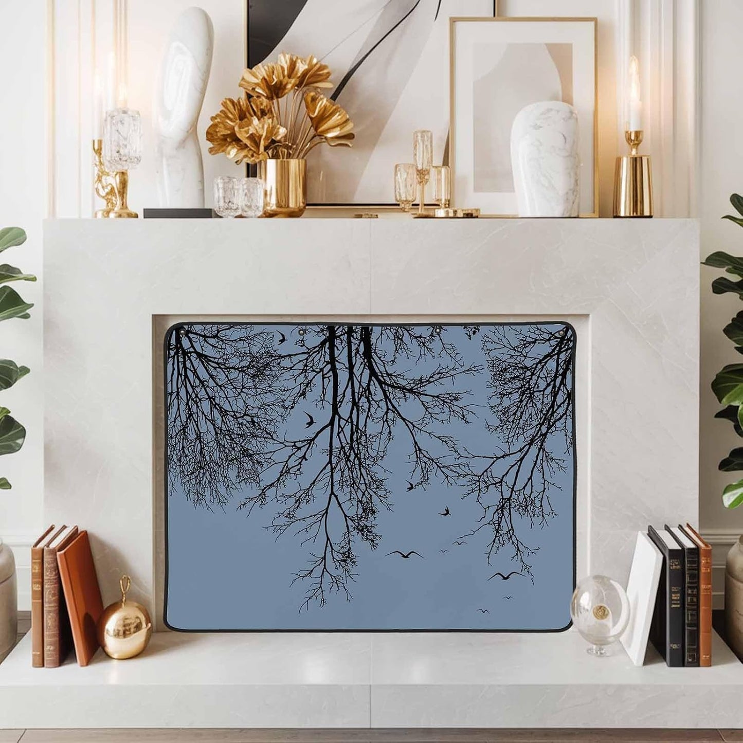 Magnetic Fireplace Cover Tree Branches Bird Fireplace Screen Decorative Brown Black Twigs Deadwood Insulation Fireplace Blocker Save Energy Fireplace Draft Stopper Covers for Living Room 45x34 Inch