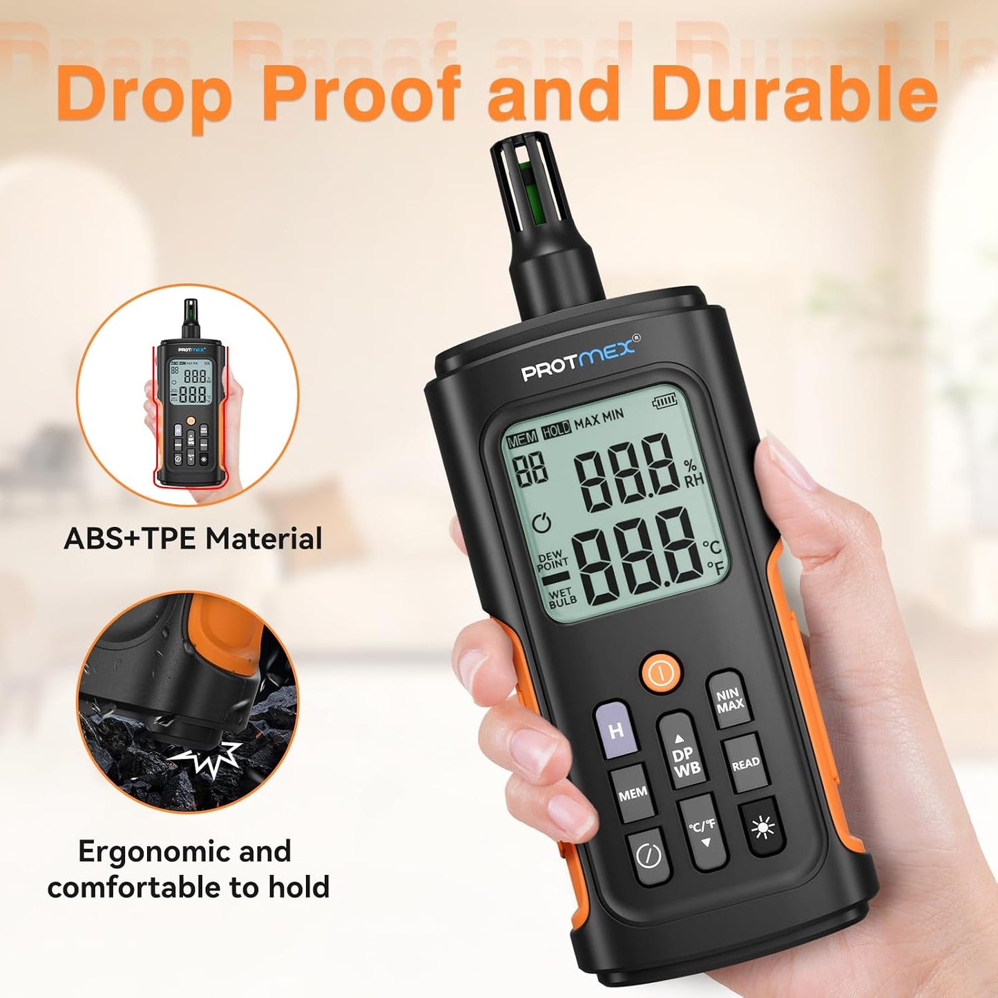 YT606 Temperature Humidity Meter High Precision Digital Hygrometer with Ambient, Relative Humidity, Dew Point, Wet Bulb Thermometer for Indoor Outdoor, Digital Thermometer Min/Max Hold, LCD Backlight | High Precision Hygrometer with Ambient, Relative