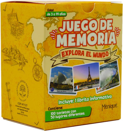 Menique Explore the World Memory Matching Game – Geography Game with 100 Photo Cards, 50 Countries, Flags & Landmarks – Travel Card Game with Educational Booklet, Ages 3+