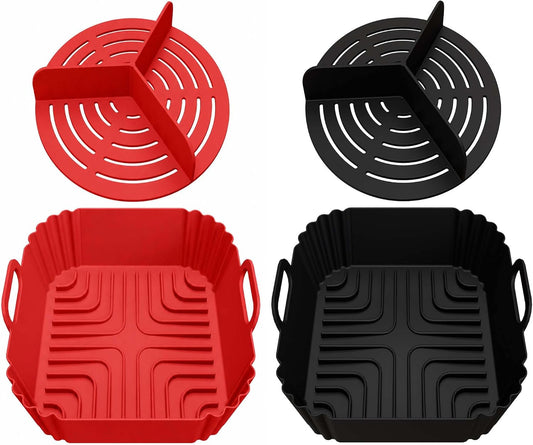 2 Pack Square Silicone Air Fryer Liners, With Round Divider Split for 3 Flavors, Reusable Silicone Basket, Air Fryer Accessories, 1 Pack Red + 1 Pack Black