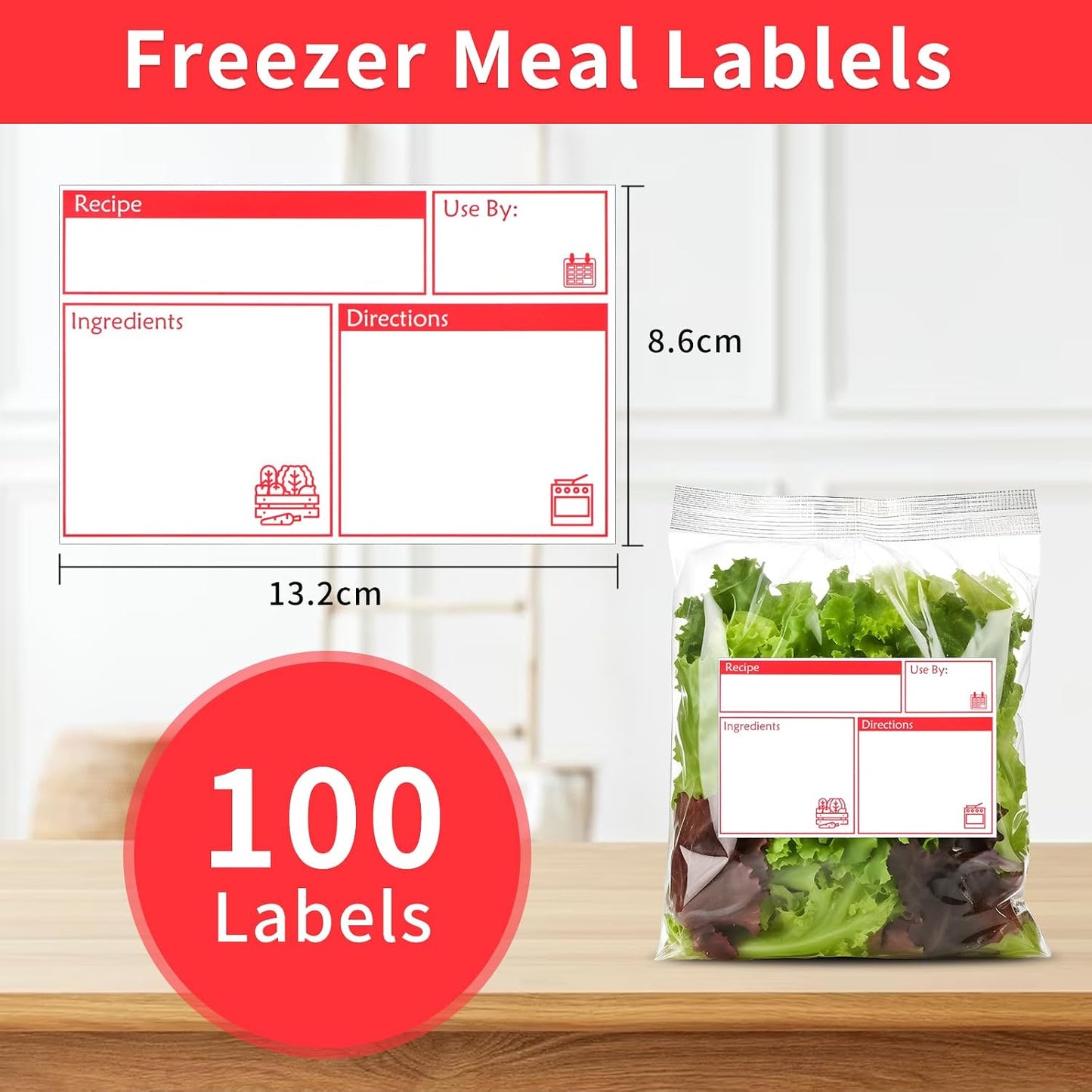 100pcs Labels for Freezer Bags Freezer Meal Labels with Instructions 3.2 X 5 inch Oil and Water Resistant Labels Food Labels for Freezer Storage for Leftovers in Fridge Removable Freezer (Blue)