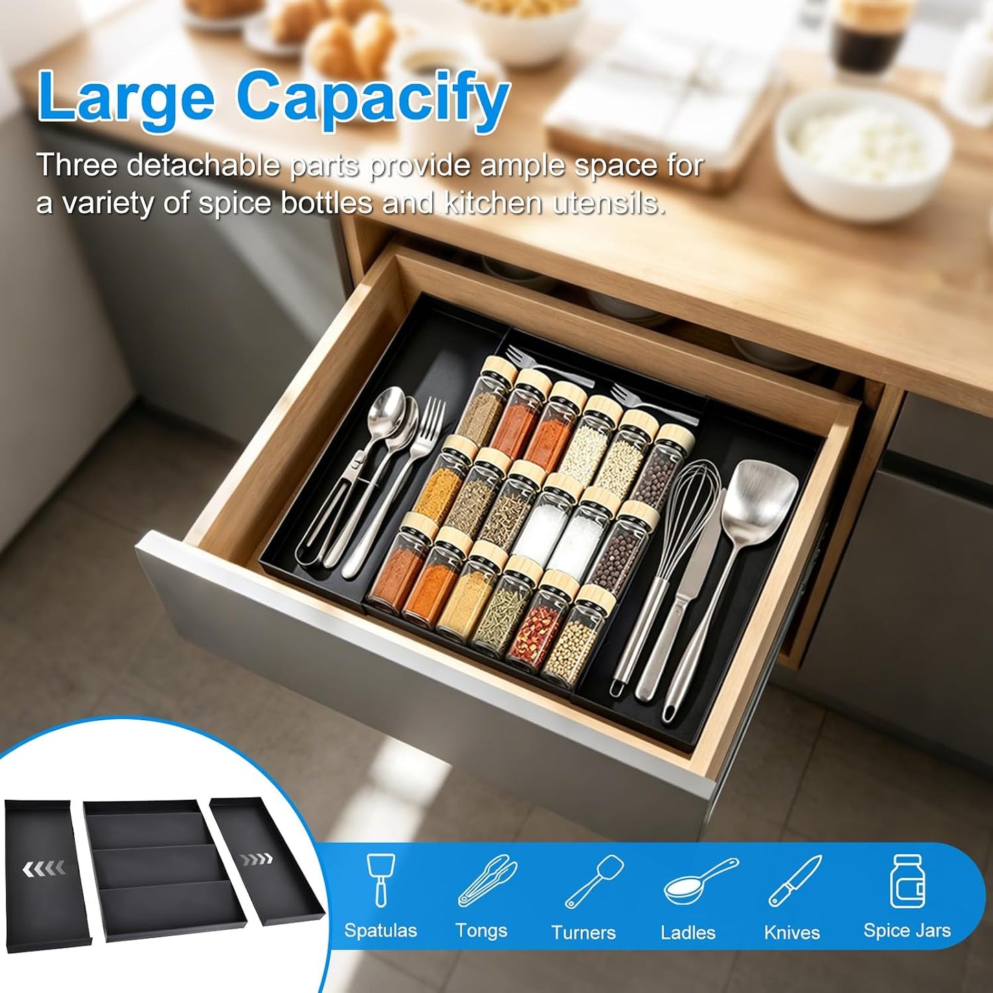 Expandable Spice Drawer Organizer with 5 Slanted Tiers & 2 Utensil Slots, Heavy-Duty Multi-Functional Kitchen Drawer Organizer Spice Rack for Cabinet Tray, Black