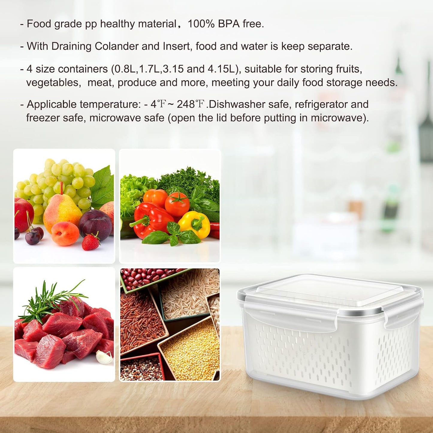 8 Pieces Fruit Storage Containers for Fridge with Lids and Strainer | 4Pack Fruit Containers for Fridge, Fresh Produce Saver Keeper for Vegetable Fruit Salad, BPA Free Organizer for Refrigerator