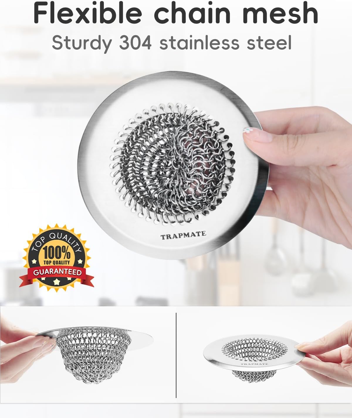 Reversible Kitchen Sink Drain Strainer Basket, Fits Sink & Garbage Disposal | Fast Drainage, Anti-Slip, Easy Clean, Anti-Clogging, Rust-Proof, Large Capacity, Universal 4.4-Inch, Patented Chain Mesh