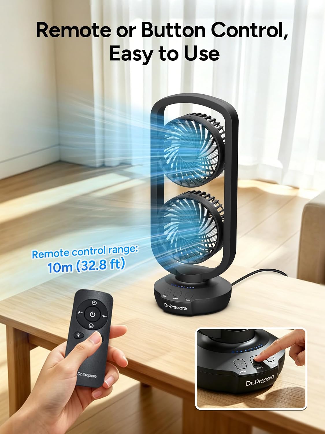 DR.PREPARE Small Tower Fan Oscillating Table Fans with 270° Tilt, 105° Oscillating, 3 Speeds and 3 Auto-Off Timer, Portable USB Powered Desk Fan for Bedroom Office Home Desk, Powerful Airflow 15 Inch