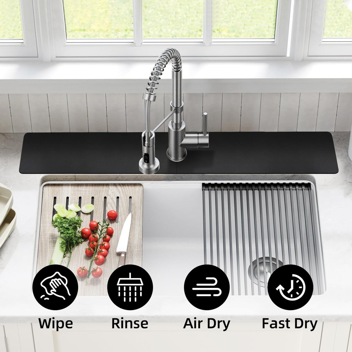 LOPNUR Cuttable Faucet Mat for Kitchen Sink, Extra Long 29 Inch, Black | Super Absorbent & Fast Dry Diatomite Sink Splash Guard, 0.8-2.4 Inch Adjustable Faucet Hole, Cut to Fit Bathroom & RV Sinks