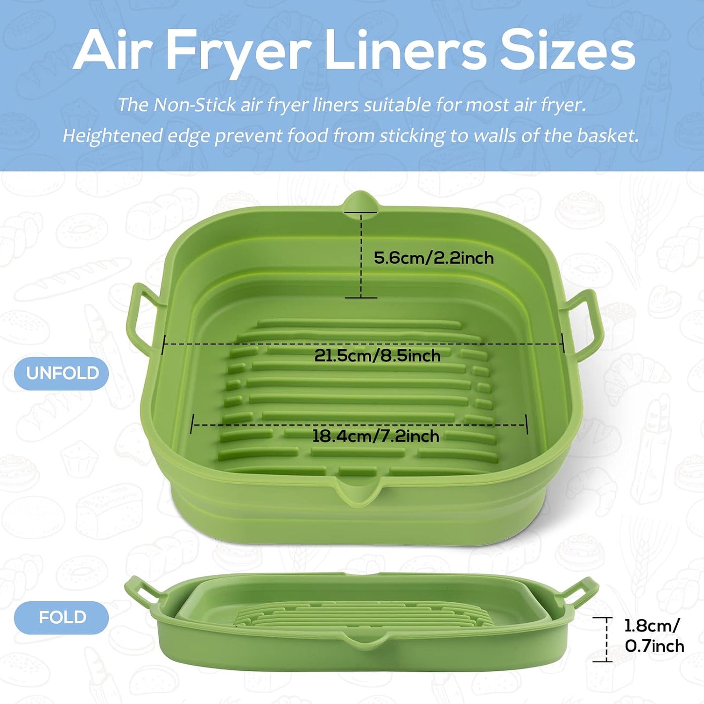 Silicone Air Fryer Liners Square - Reusable Airfryer Collapsible Basket - Easy to Clean Air Fryers Pot for 5.8 to 8 Qt Baking Tray Oven Accessories, 8.5 Inch Large