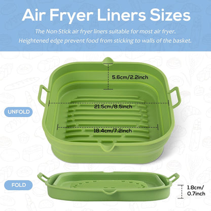 Silicone Air Fryer Liners Square - Reusable Airfryer Collapsible Basket - Easy to Clean Air Fryers Pot for 5.8 to 8 Qt Baking Tray Oven Accessories, 8.5 Inch Large