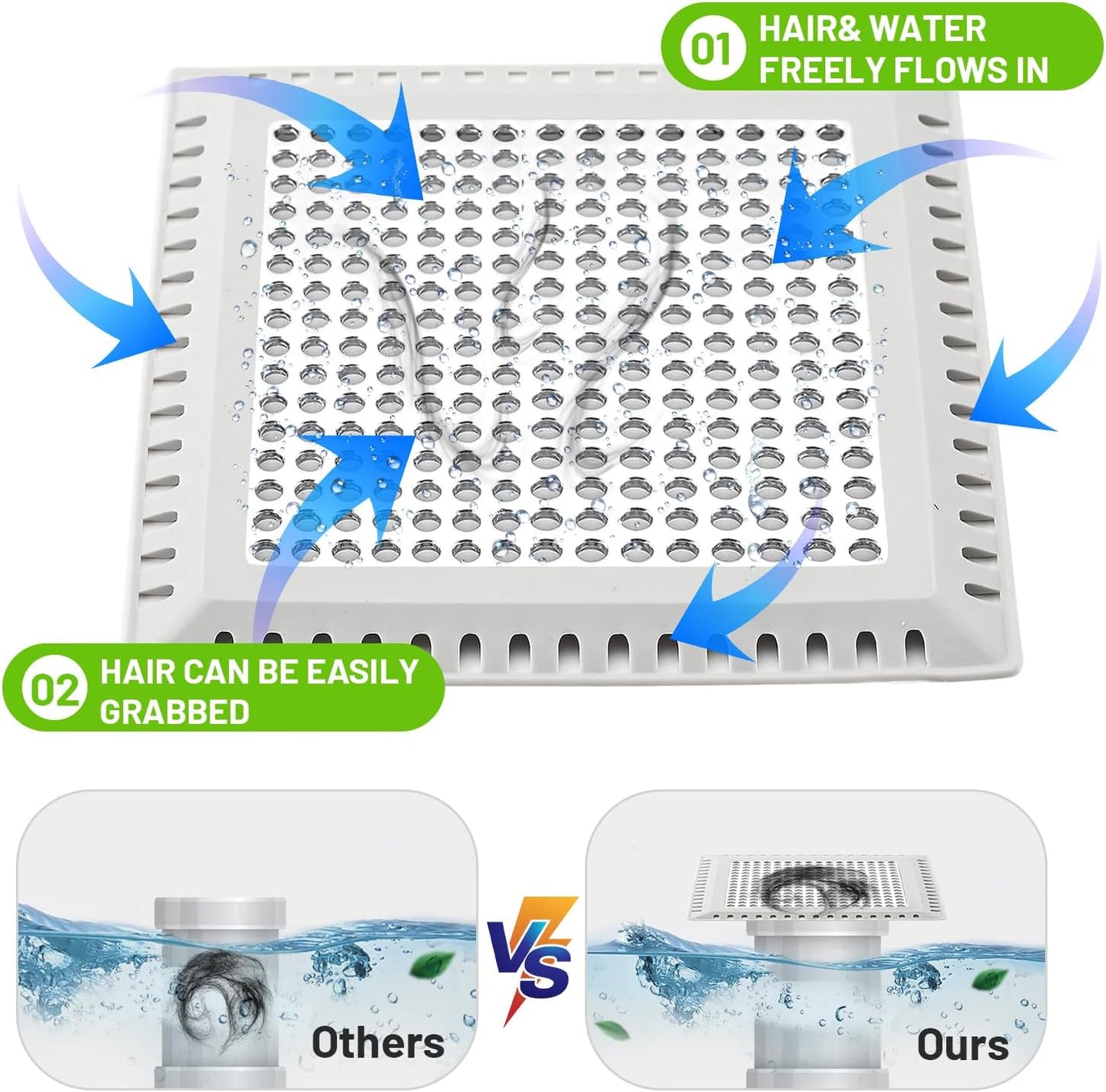 Aluvor Drain Hair Catcher,Shower Drain Cover Hair Catcher Shower Strainer | Square Shower Hair Drain Catcher for Bathroom Floor to Keep Away from Clogged Drain-No Rust!
