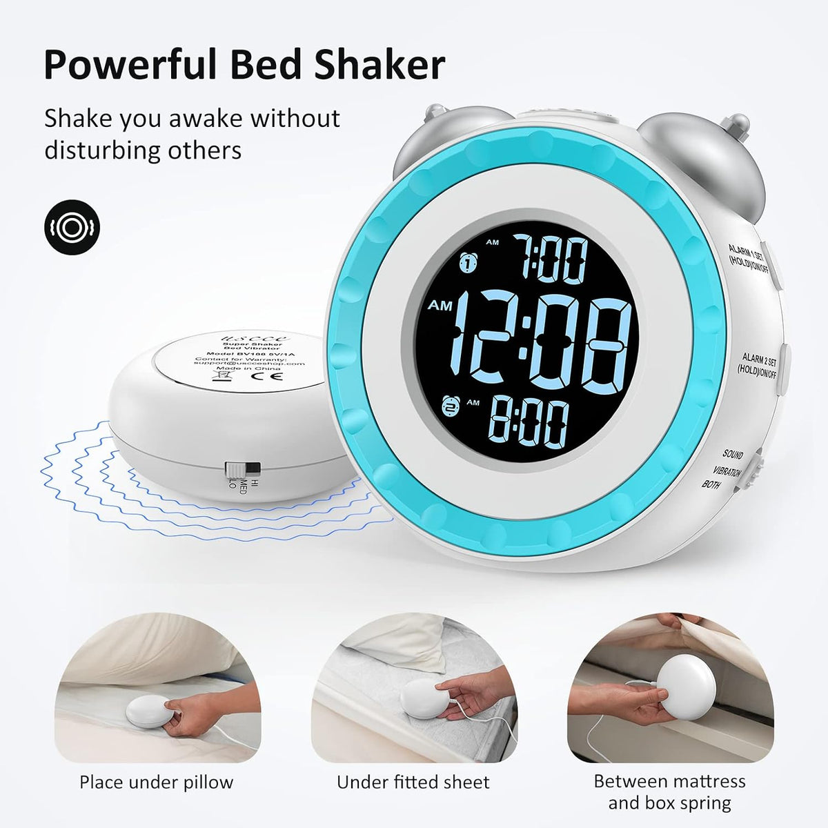 uscce Loud Dual Alarm Clock with Powerful Adjustable Bed Shaker