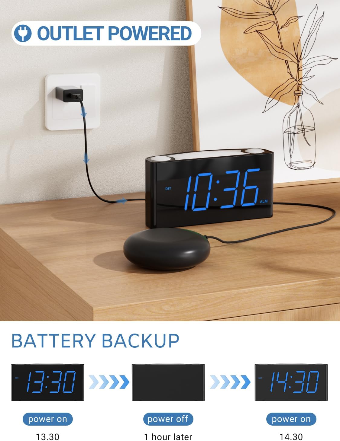 Extra Loud Vibrating Alarm Clock with Bed Shaker for Heavy Sleeper Deaf Hard of Hearing, Large LED Display Digital Clock for Bedroom,Dimmer,Night Light,USB Phone Charger,Battery Backup,Senior Teen Kid