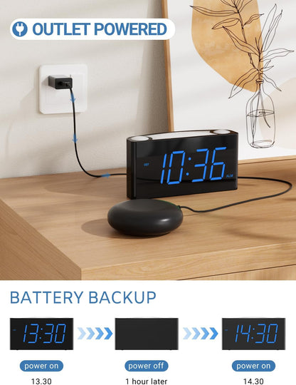 Extra Loud Vibrating Alarm Clock with Bed Shaker for Heavy Sleeper Deaf Hard of Hearing, Large LED Display Digital Clock for Bedroom,Dimmer,Night Light,USB Phone Charger,Battery Backup,Senior Teen Kid